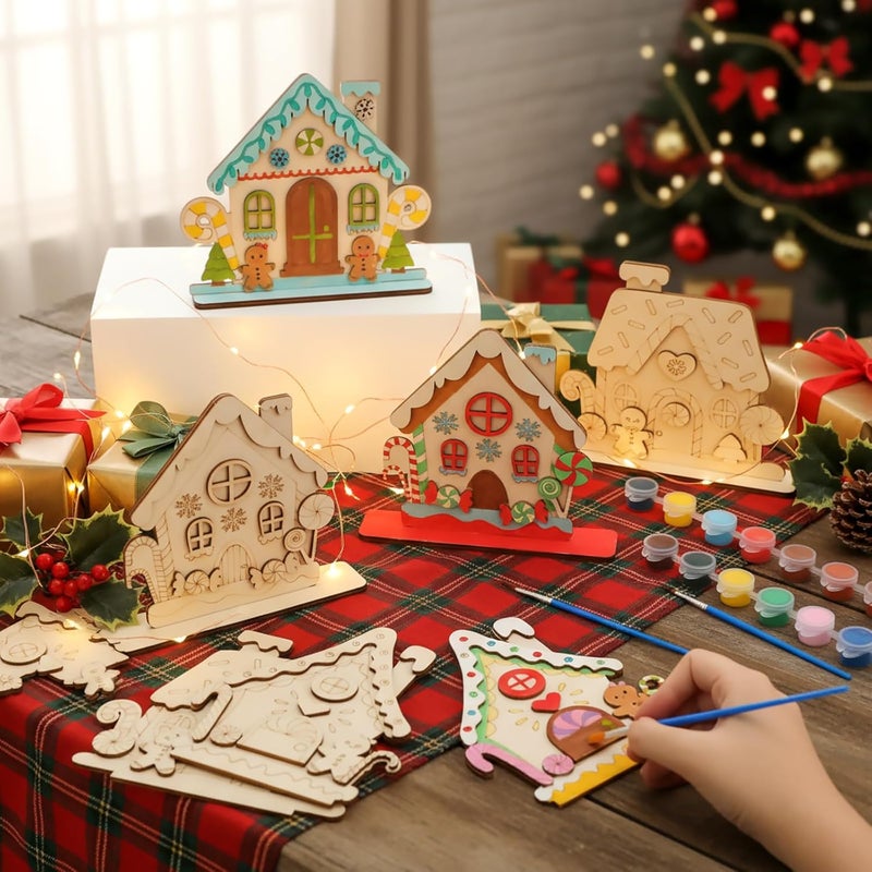 DoubleFill 24 Set DIY Wood Christmas Gingerbread House Paint Craft Kit Unpainted Ceramics Plaster Keepsake with Painting Set for Christmas Holiday Party DIY Art Project Decoration Paint Brushes - Image 4